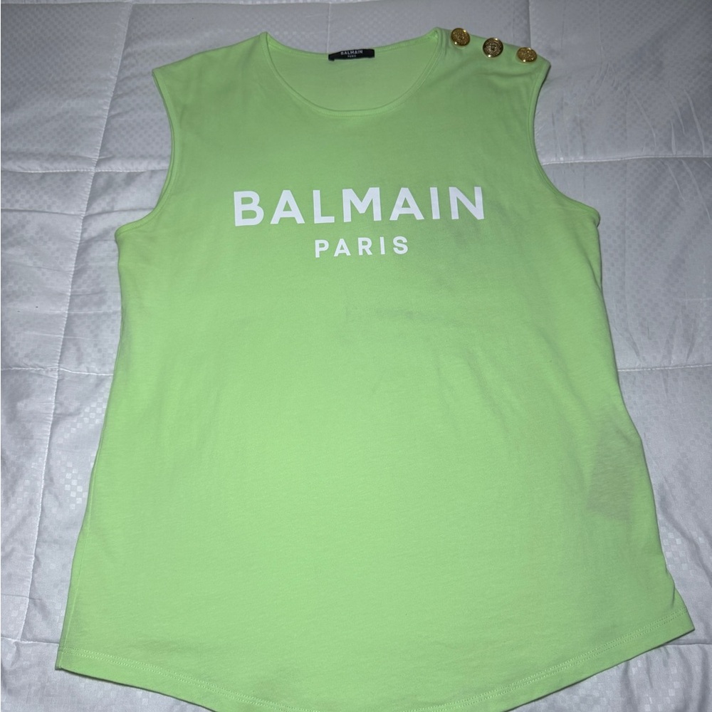 Balmain Lime Green Muscle Tee with Gold Accents